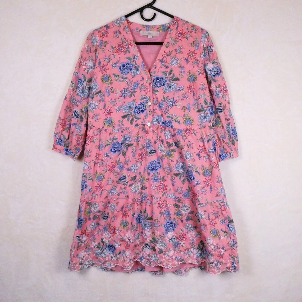 LOFT Pink Floral Shirt Dress Size 10P Embroidered Cottagecore Tiered Lace Hem